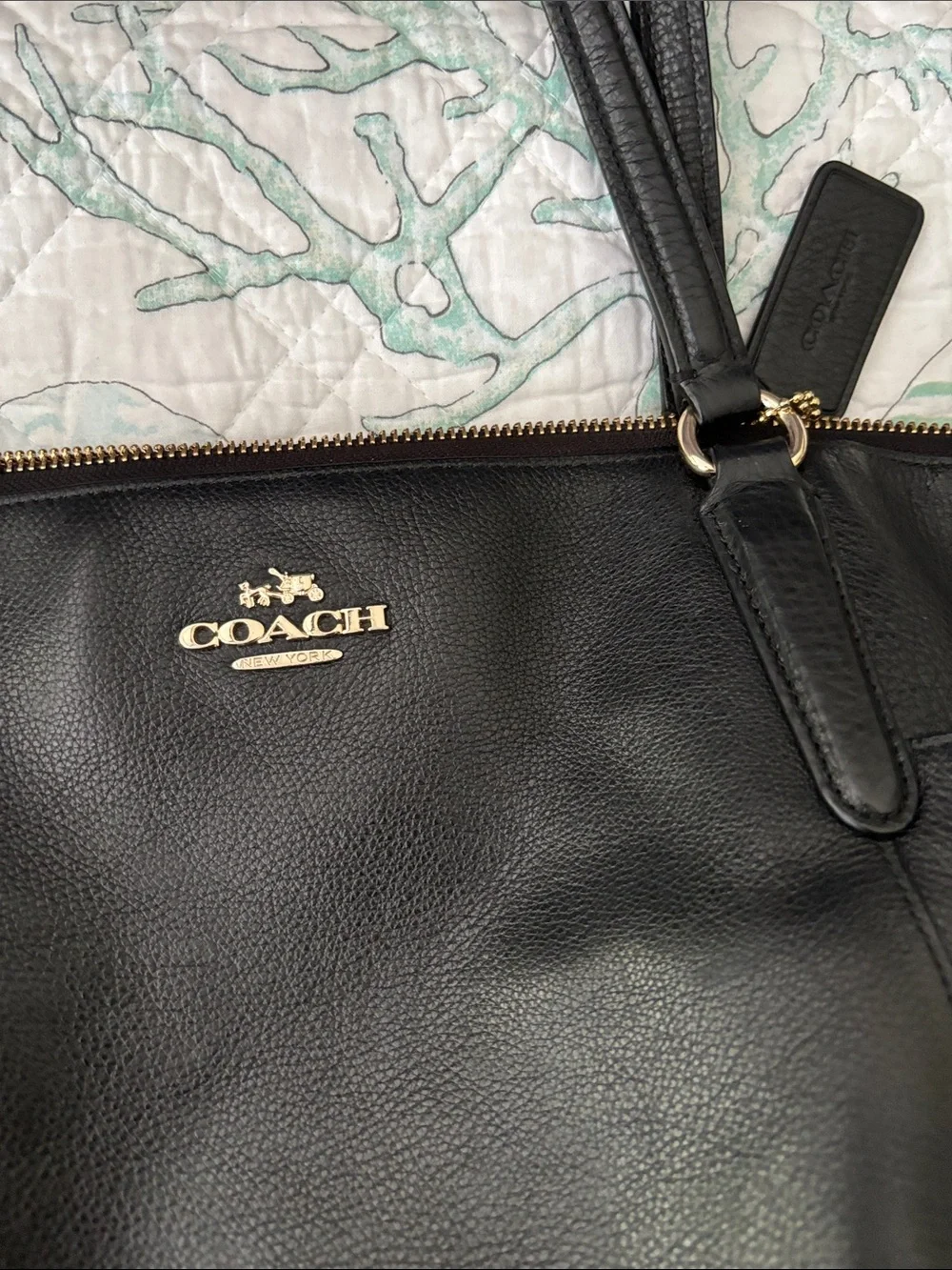 Coach Black Leather Tote/Diaper Bag with Gold-Tone Logo